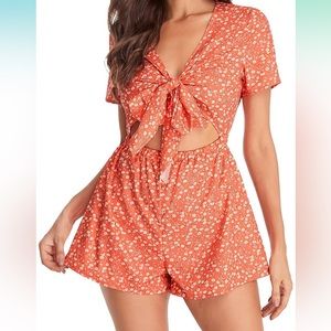 Orangey red Women's Floral Cut Out Romper.